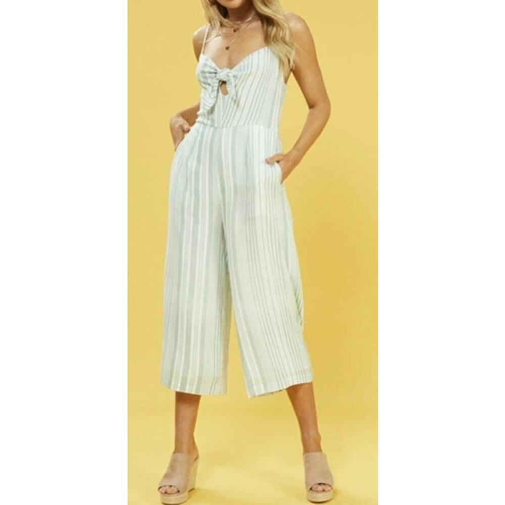 MINKPINK Low Tide Tie Front Cropped Jumpsuit Green White XS